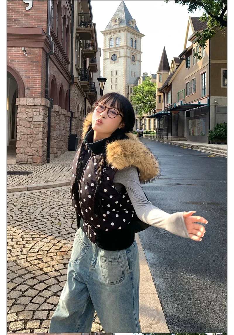 Harajuku Gothic Polka Dot Vest Jacket Fur Collar Hooded Women Fall Winter Casual Sleeveless Y2K Cotton Padded Quilted Coat Жилет