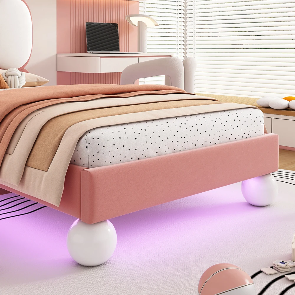PINGGO Kinderbett, Einzelbett, 90 x 200 cm, Samt-Kopfteil in Fliegenform, Farbe, verstellbares LED-Licht, stabile Latten, ohne Matratze – Detail 19