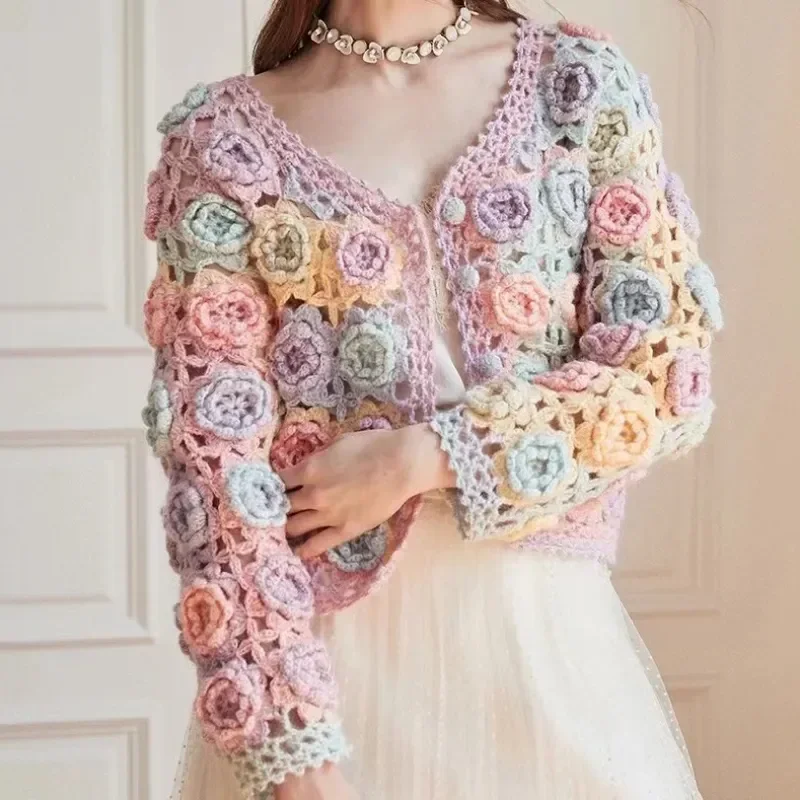 

Women Rainbow 3D Flowers Sweater Coat Patchwork Hit Color Floral Crocheted Roses Knitted Cardigan Knitwear V Neck Hooked Tops