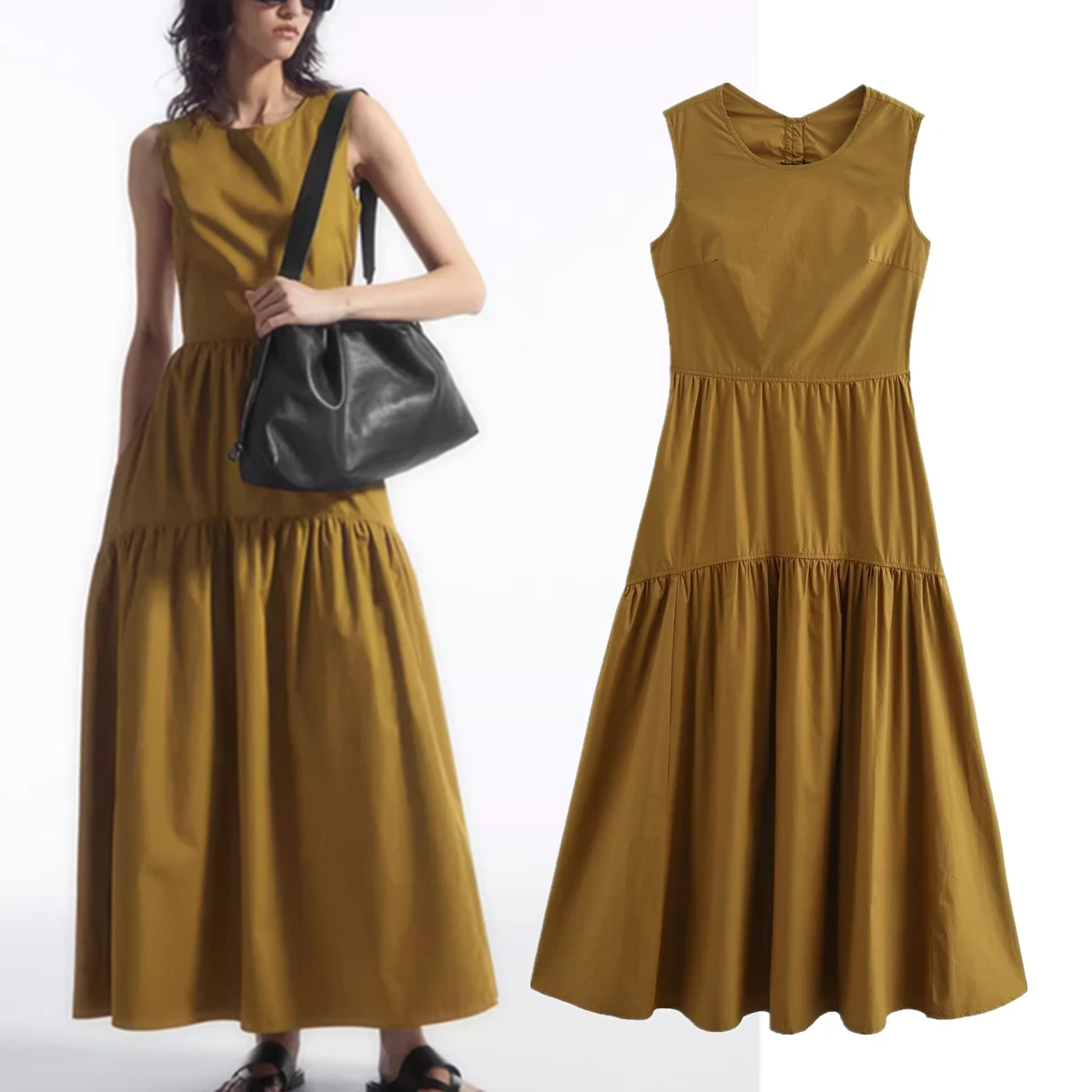 

Maxdutti Pleated Casual Commuter Midi Dress Sleeveless Vestidos Khaki Back Hollowed Out Tank Nordic Minimalist Dress Women