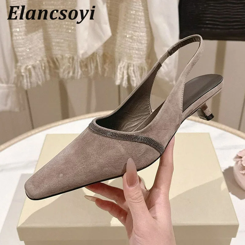 Sandals Women Genuine Leather String Bead Kitten Heels Back Strap Sandalias Summer Square Toe Mid Heels Single Shoes Shoes