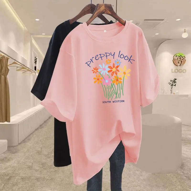 

Women Cartoon Flowers Printed Basics Tops Summer Pure Cotton M-6XL Crew Neck Short Sleeve Pullover Lady Casual Loose Tee Shirt