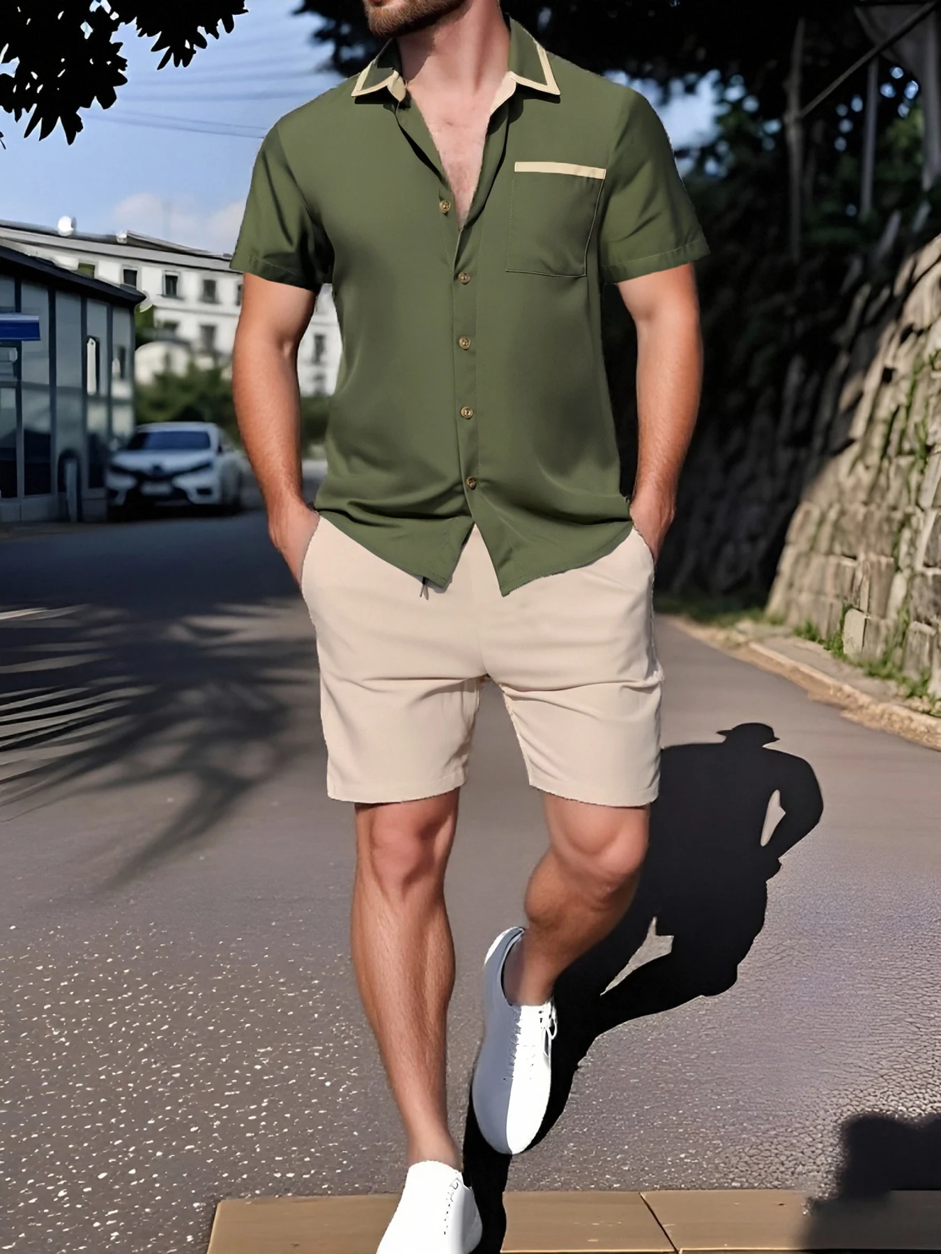 

Men's 2 Piece Outfits, Army Green Contrast Collar Short Sleeve Shirt & Beige Drawstring Shorts Set