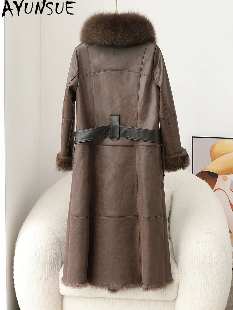 AYUNUSE Natural Rabbit Fur Women's Coat 2025 Winter Mid Length Fox Fur Collar Coats for Woman Clothes High Quality Кофта С Мехом