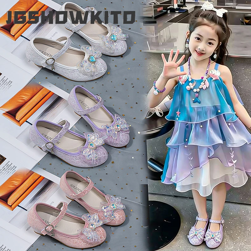 

Girls Bow-knot Leather Shoes High Heeled Dress Shoes for Formal Wedding Party Kids Mary Janes with Sequined Rhinestone Bowtie