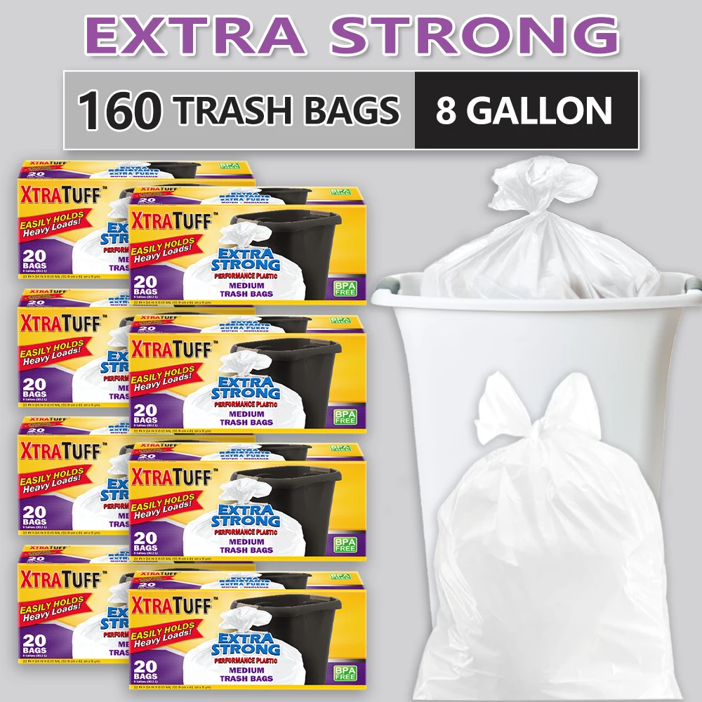 

Xtratuff Medium Twist Tie Trash Bags 8 Gallon Trash Bag 160 Count Garbage Bags BPA FREE White Strong Rubbish Bag for Home Office