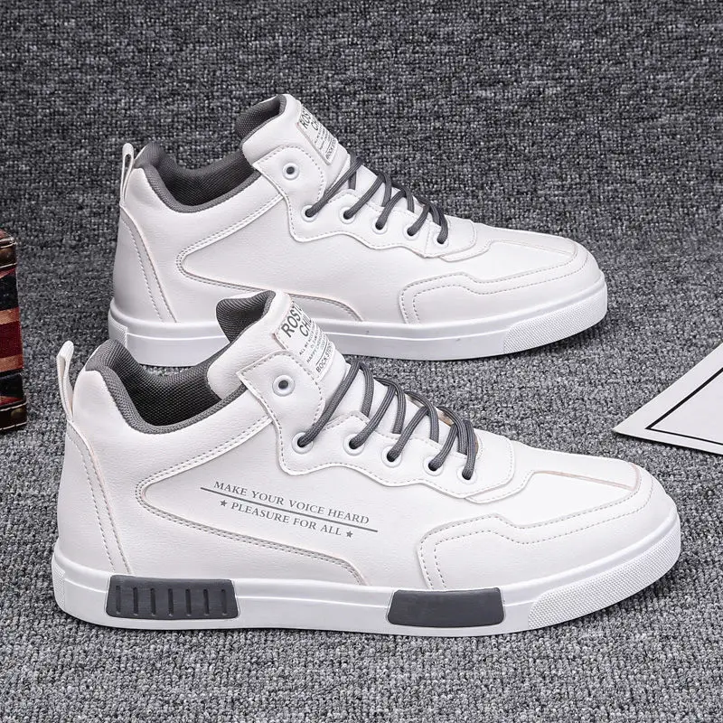 white high top men sneakers lace up leather sports shoes big size 45 man vulcanized sneakers tenis trainers male casual shoes