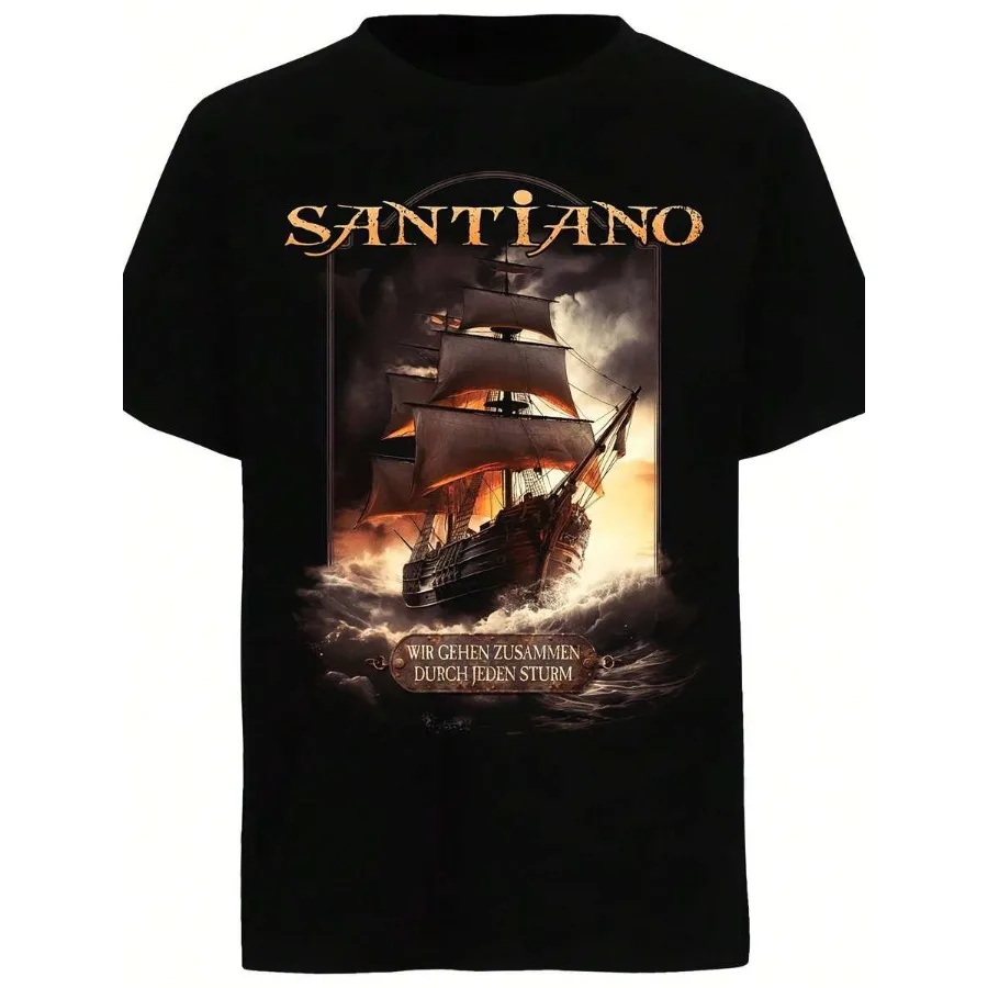 【Nuevo estilo】Camiseta gráfica Santiano Herren para hombre, diseño náutico con texto en español y letras doradas, cuello redondo informal