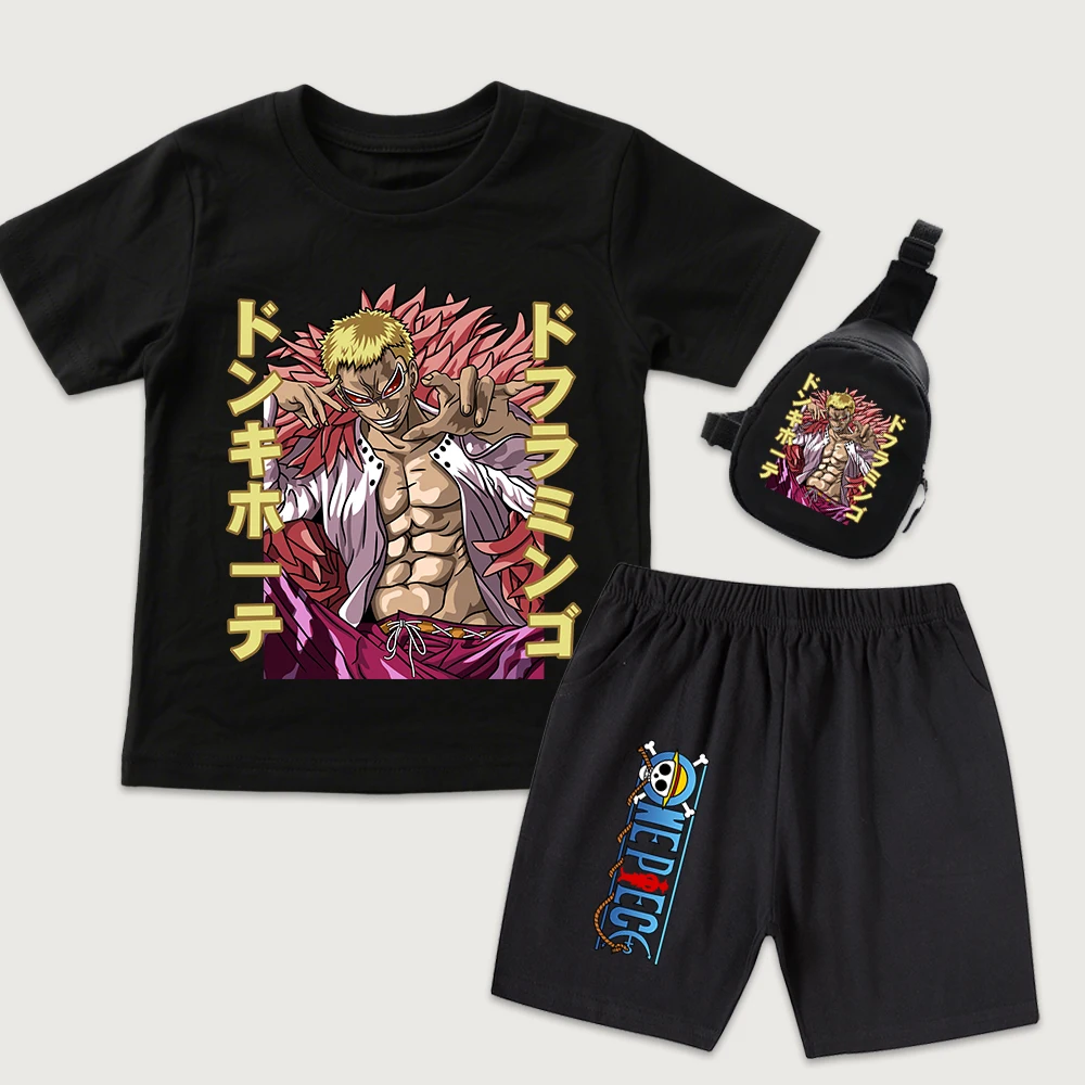 

One Piece Doflamingo Anime Print Kids Cotton T Shirt Shorts Mini Chest Bag 3pcs Set Boys Girls Summer Casual Outfit