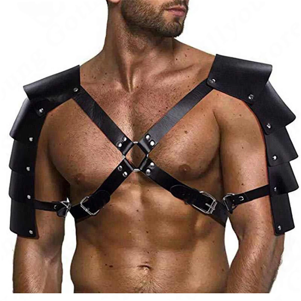 Gay Mens PU Leather Harness Double Shoulder Armors Buckles Sexual Body Chest Harness Belt for Adult Sex Cosplay Halloween Party