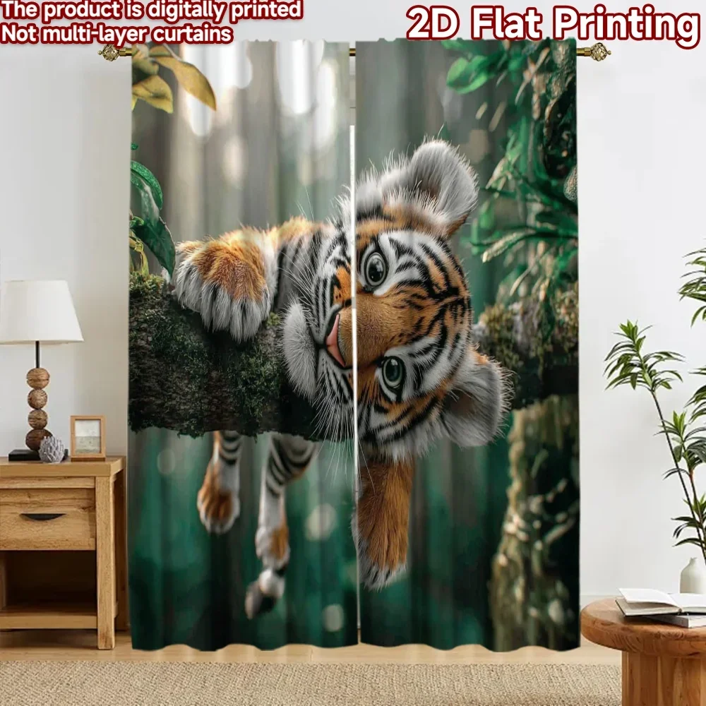 Tropical Jungle Cartoon Tiger Kids Room Curtains 2pcs Waterproof Window Decor Wallpaper Printed Curtain Set For Nursery Room Hom
