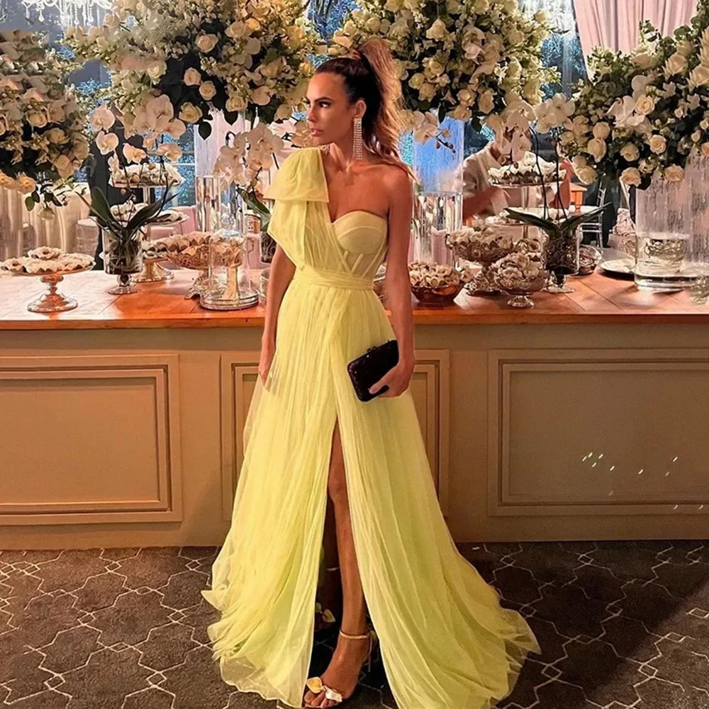 Elegant Yellow Tulle One Shoulder Prom Dresses For Party Front Side Split Evening Women Dresses 2024 Sweetheart Bow Tie Gowns