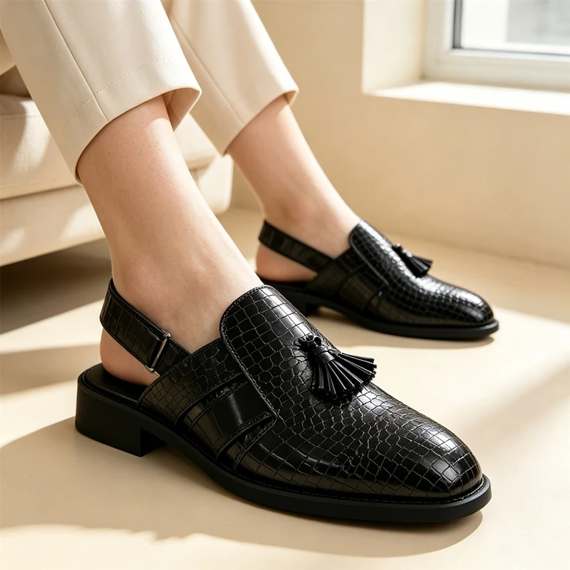 Crocodile Print Tassel Slingback Loafers for Men Black/Brown Leather Flat Sandals Office Daily Wear Slip On Mules Dress Shoes