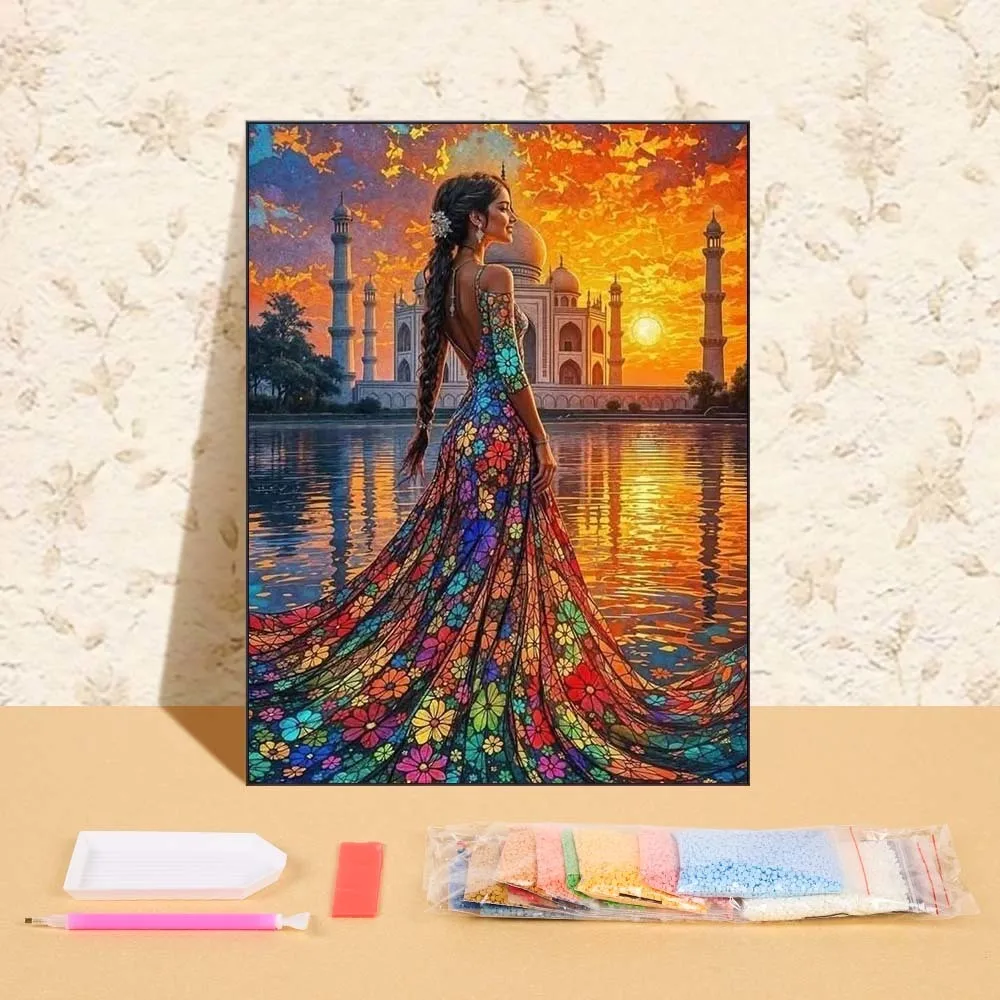 

DIY Diamond Painting New 2025 Colorful Dress Girl Diamond Mosaic Sunset Castle Picture Embroidery Home Decoration Wall Art Craft