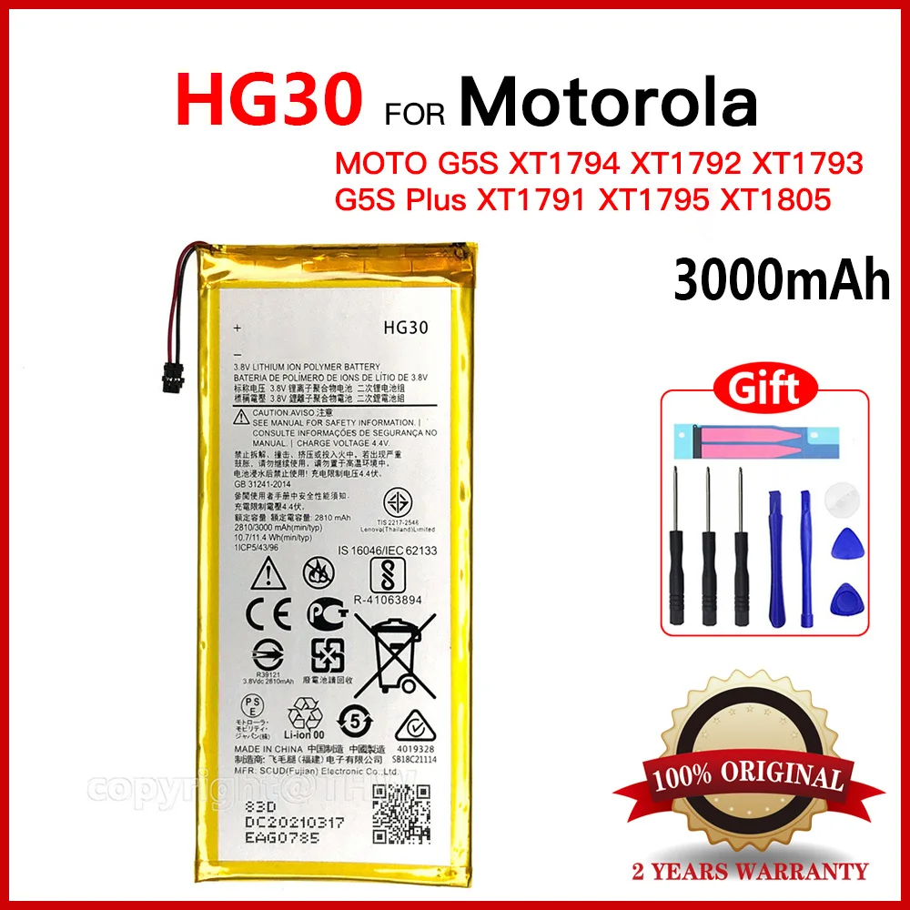 100% NEW Original 3000mAh HG30 Rechargeable Battery For Motorola Moto G5S Plus Dual XT1791 XT1792 XT1793 XT1794 XT1795 Battery