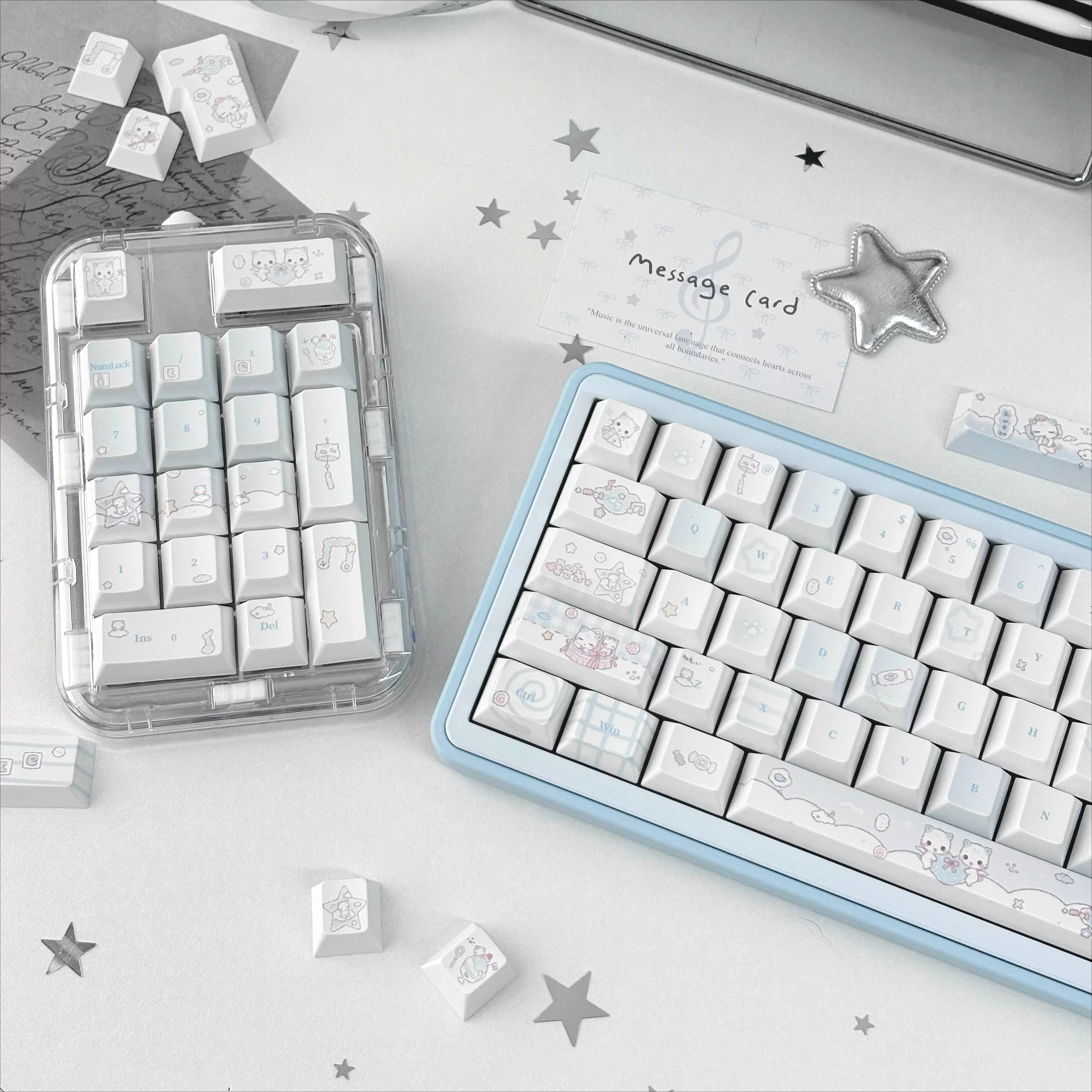 

Cloud Cat Blue White Cute Theme Keycaps Set PBT Cherry Profile Custom Original Handmade Keycaps for Mechanical Keyboard Gift