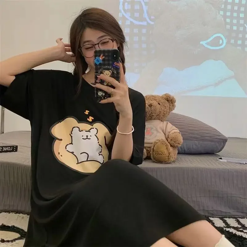 150kg Fat Mm Loose Home Dress Women Large Size Short-sleeved Lazy T-shirt Skirt Korean Cute Cartoon Pajamas Students Sleepwear