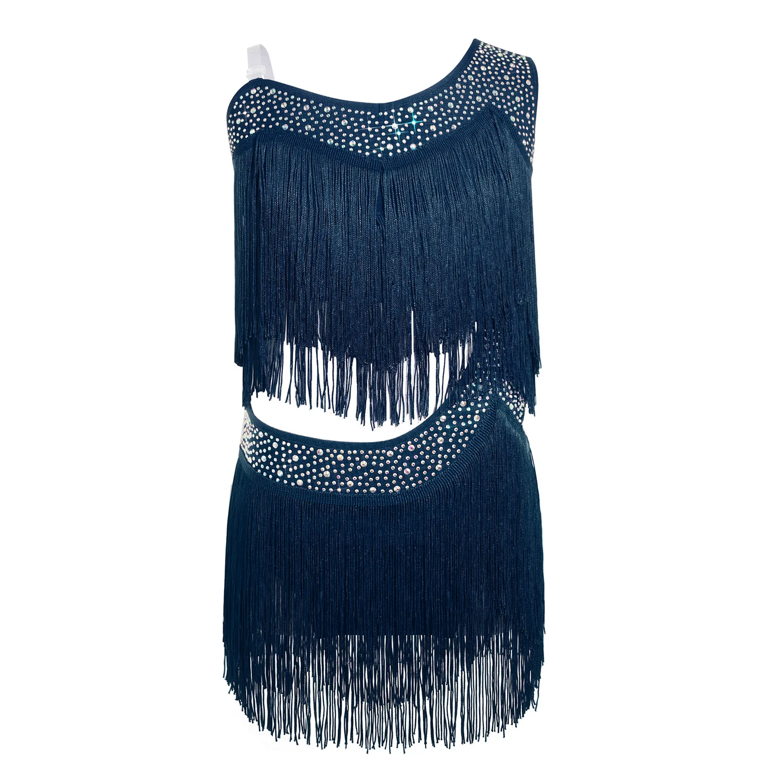 

Kids Girls Tassel Latin Tango Dance Costume Cutout Asymmetrical Leotards Fringed Dress for Rumba Cha-Cha Performance Competition