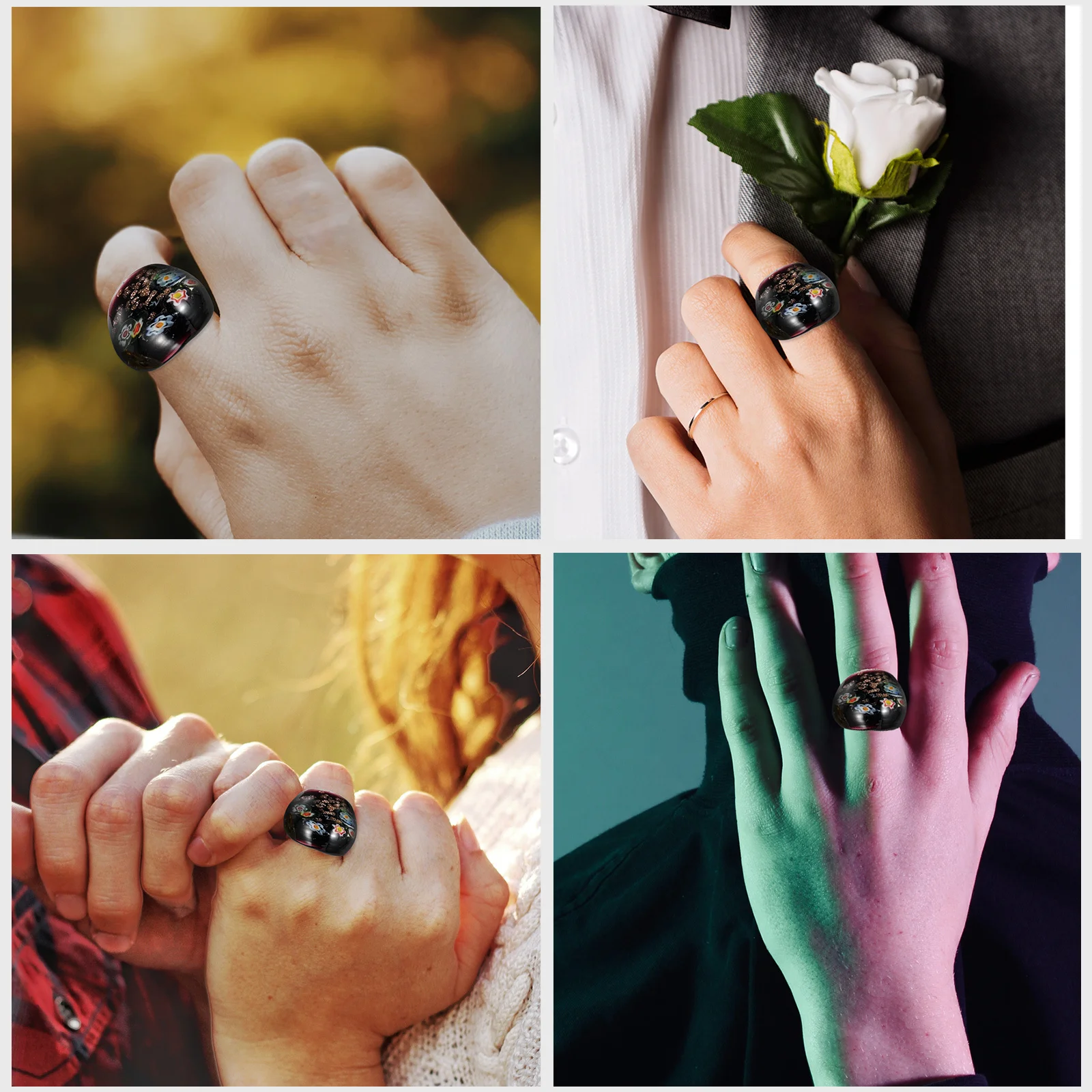 

4 pcs Glass Rings For Women Trendy Colorful Chunky Decorative Ethnic Pattern Jewelry Cool Finger Ring Party Valentine Christmas