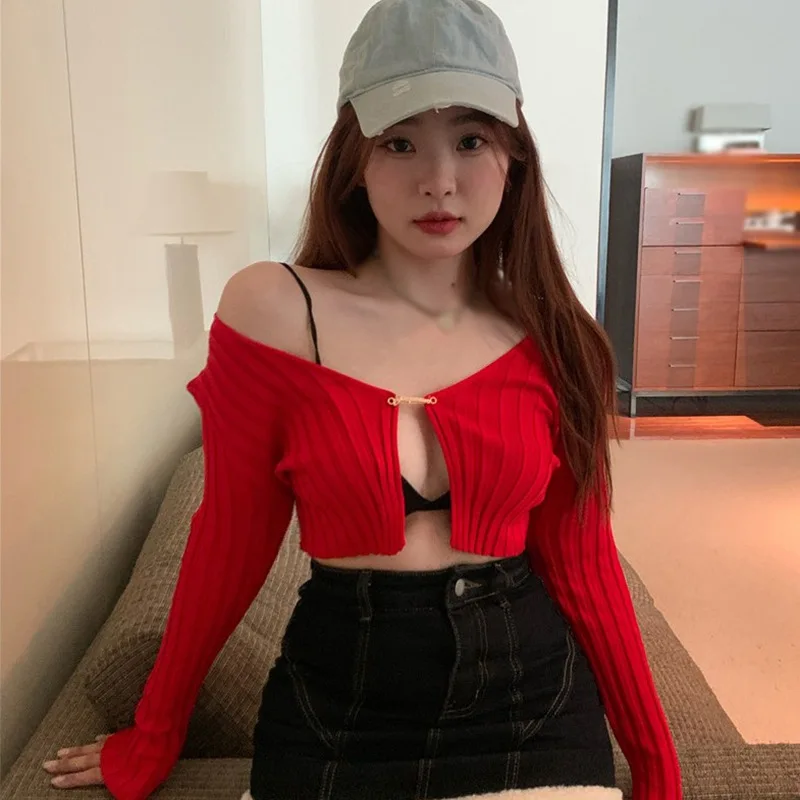 Solid Color Fashion Cardigan for Women Long Sleeve Sexy Blouses V Neck Low Cut Slim Fit Crop Top Casual Knitted Shirt