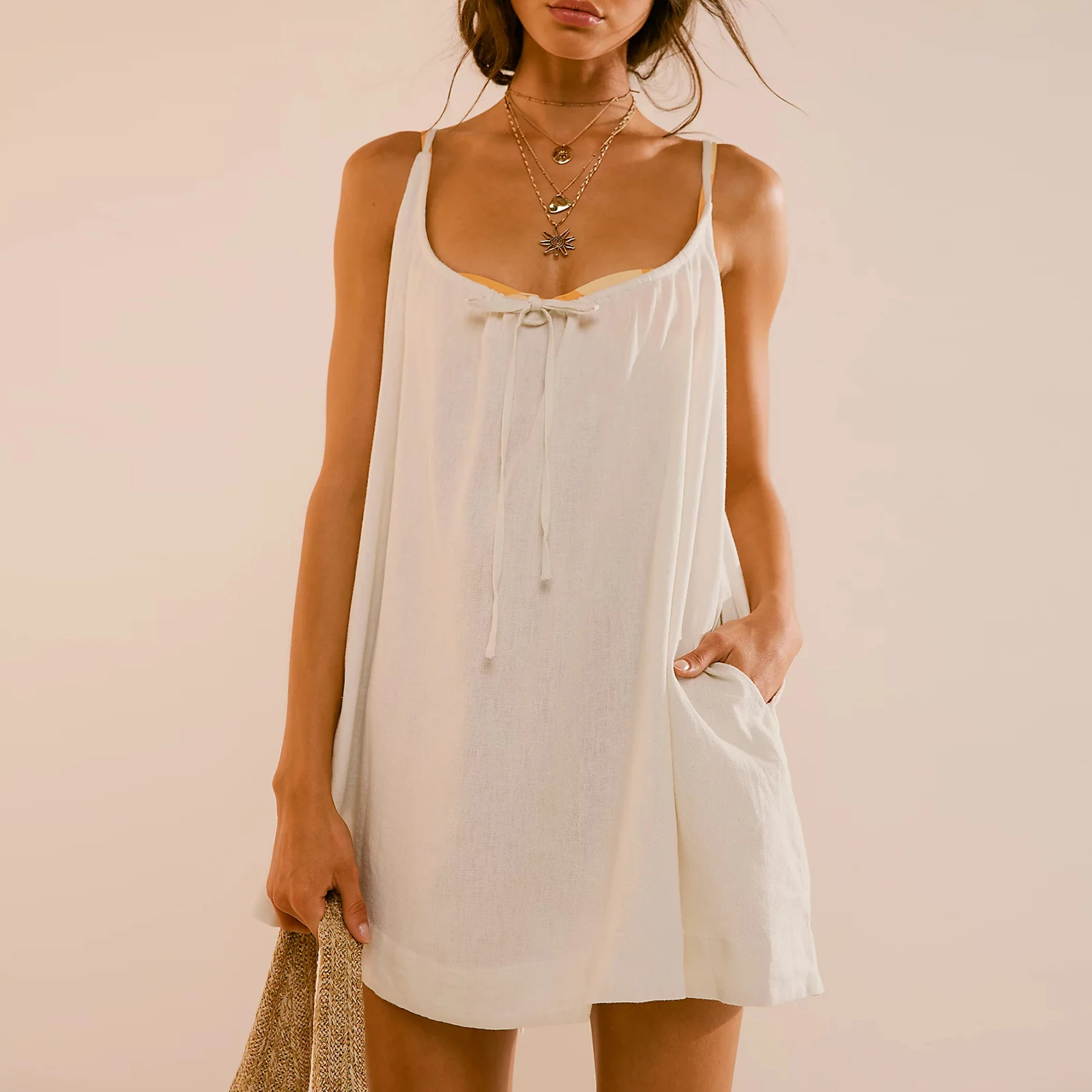 

Women's Summer Mini Dress Sleeveless Scoop Neck Solid Color Loose Cami Dress Beachwear