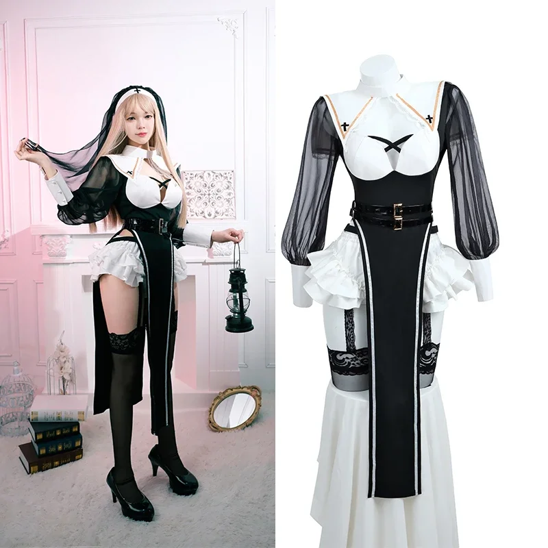 

Nun Cosplay Costume Women Uniform Set-Party Halloween Outfit Adult Nun Dress Black Apparel Masquerade Show Costumes