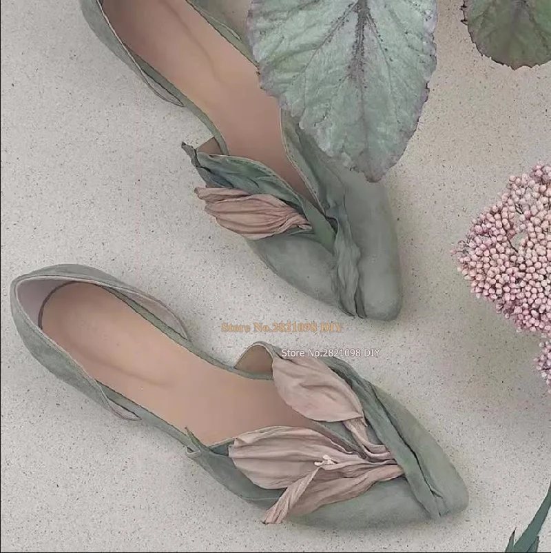 Blue Pink Flower Petal Decor Ballet Flats Slip On Flat Shoes Women Pointed Toe Corsage Ladies Casual Shoes