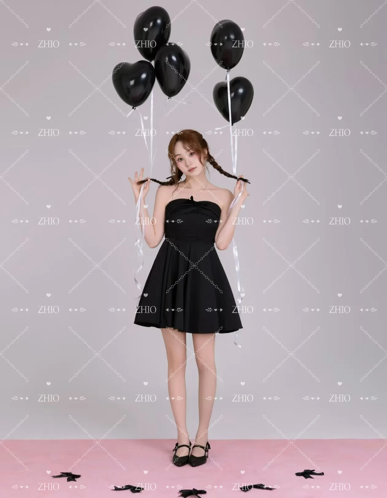 ZHIO Sweet Black Short Wedding Party Dress Strapless A-Line Birthday Korea Photo Shoot Bridal Reception Gown Custom 웨딩드레스