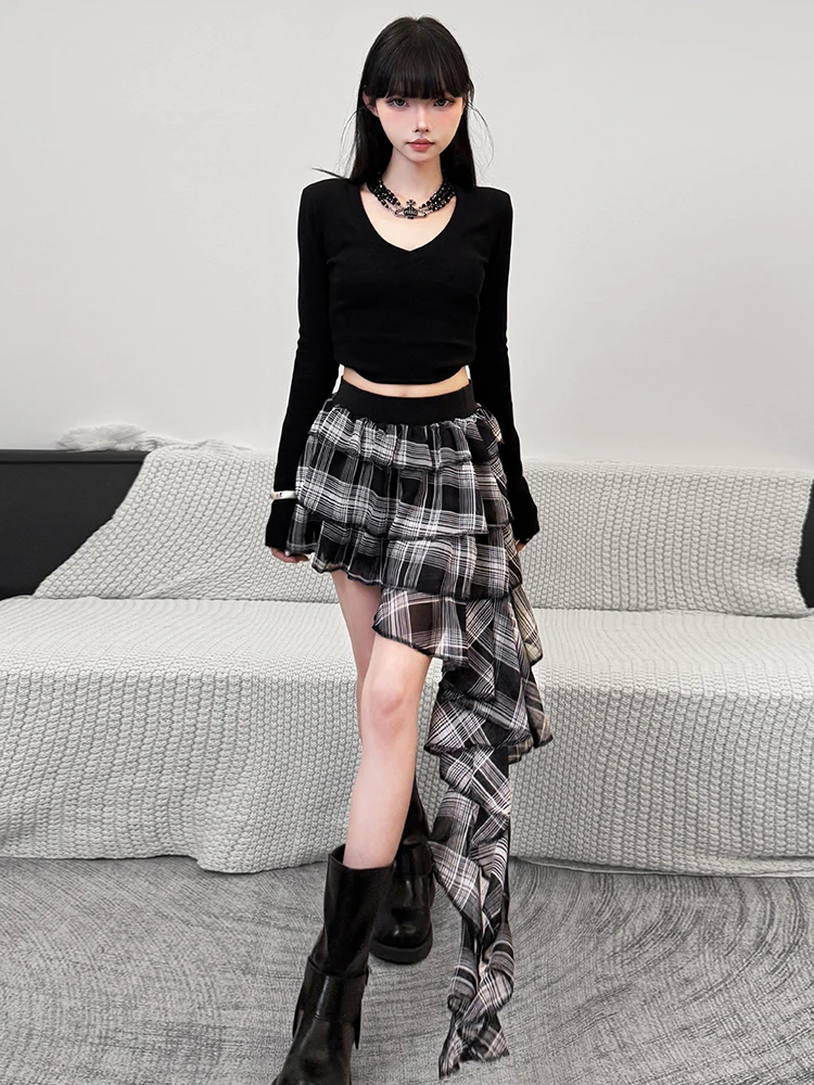 

Weird Puss Cool Girl в стиле ретро, белая клетчатая асимметричная юбка с рюшами и подолом, женская юбка Faion ort, полиэстер, спандекс