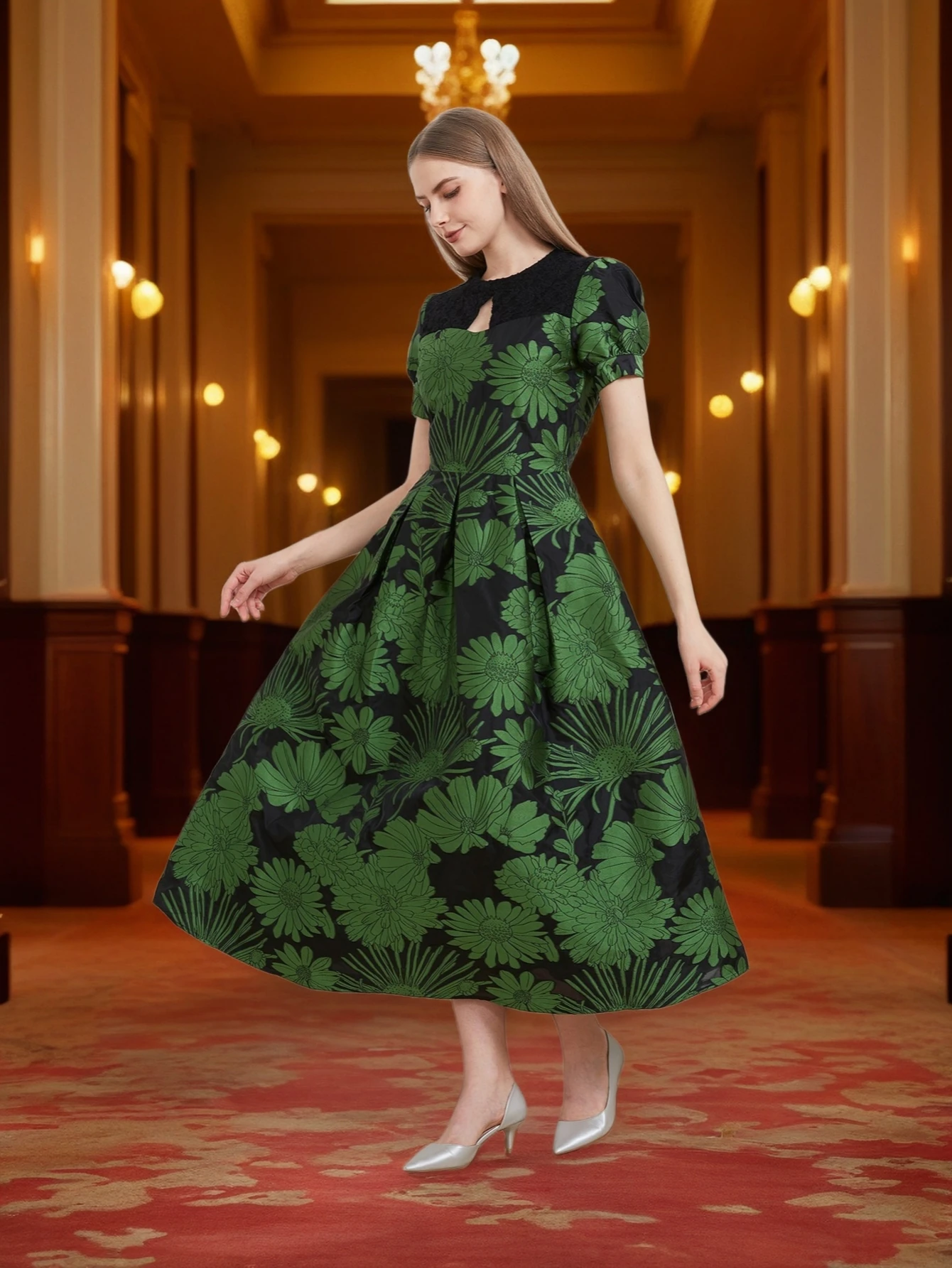 Luxury Women Organza Long Maxi Dress Party Fashion Lace Patchwork Summer Puff Sleeve New Arrival Elegant Evening Vestido