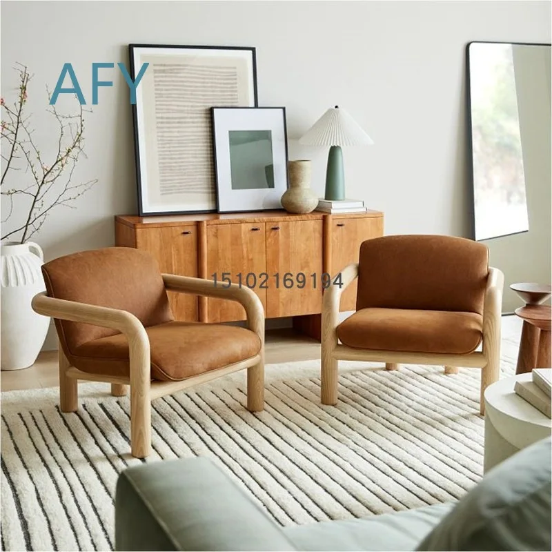 Nordic Minimalist Lounge Chair for Living Room Natural Wood Tone Fabric Armchair for Airbnb Hotel Lobby Reception Meeting