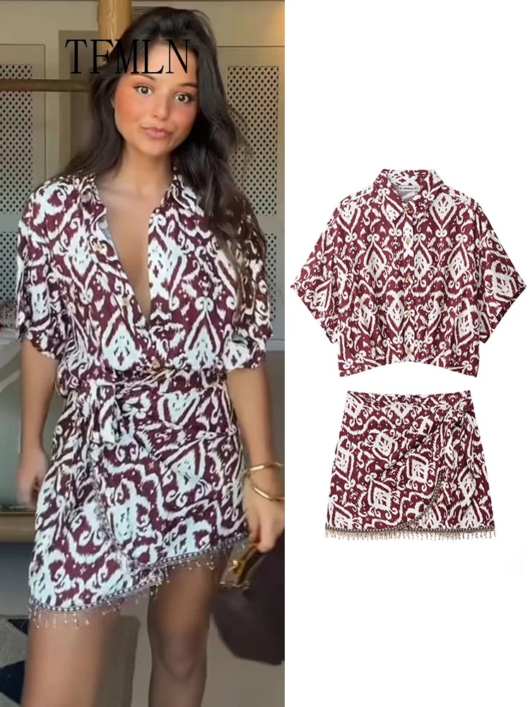 

TFMLN 2025 летние женские блузки с принтом, комплекты с юбкой, модные шикарные однобортные рубашки с лацканами, юбка с бантом и кисточками, повседневная одежда