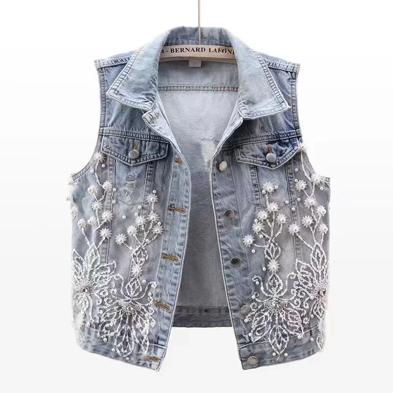 

Heavy Industry Nail Bead Flower Women's Denim Vest Spring Summer New Short Sleeveless Jacket Broken Hole Waistcoat Female C47