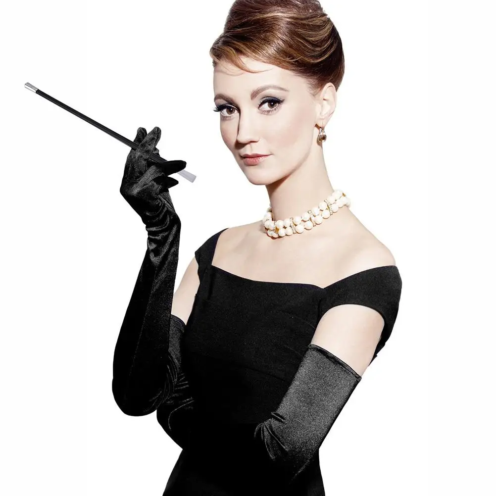 

1920s Flapper Costume Set Black Satin Gloves Pearl Necklace Plastic Holder Retro Styling Wedding Accessories Prom Ball