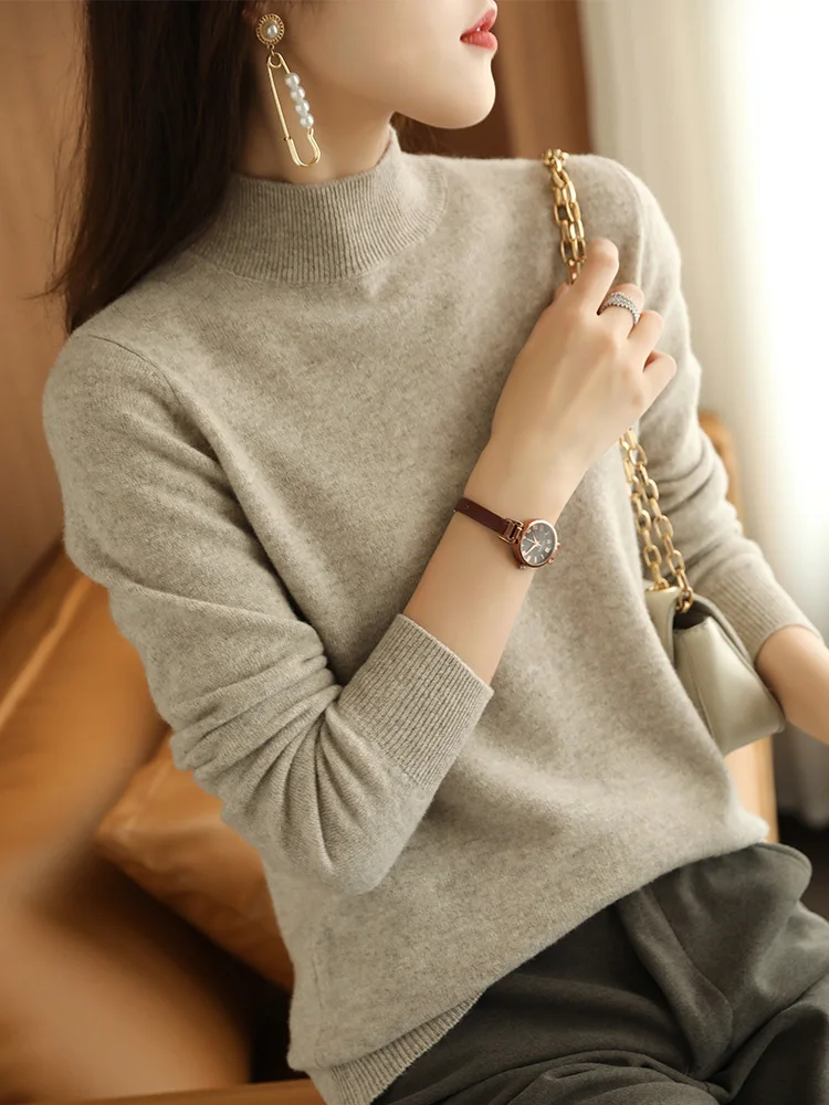 

Women's Cashmere Sweater Half High round Neck Long Sleeve Knitted Wool Loose Slimming Base Layer Spring New Style Pure Color