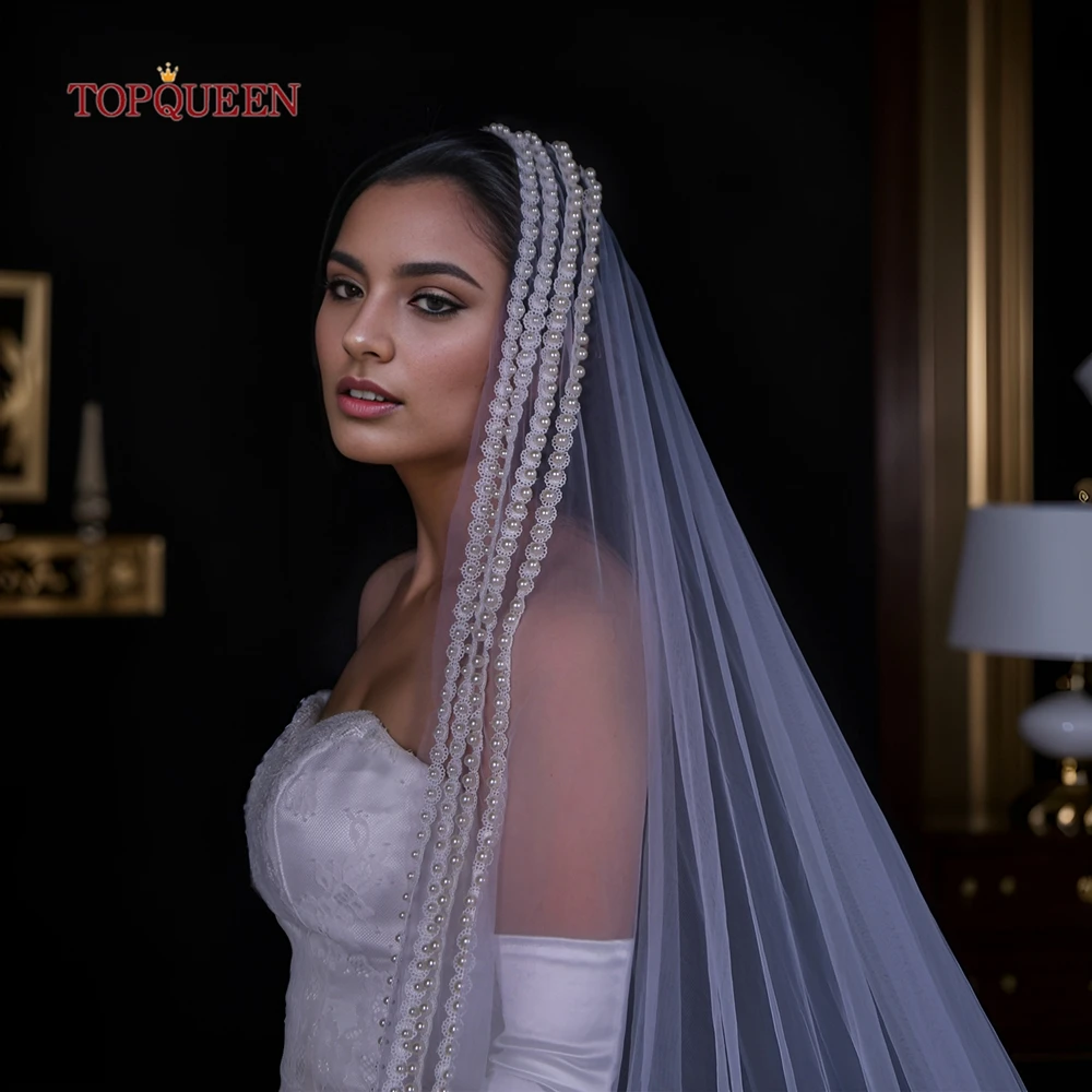 

TOPQUEEN V159 Luxury Cathedral Bridal Veil 1 Tier Pearl Soft Tulle Wedding Veu Long 5 Meters Wedding Dresses for the Church