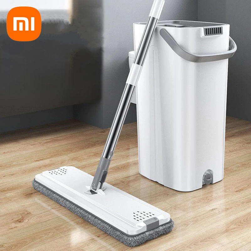 

Xiaomi Flat Squeeze Mop with Bucket Hand Free Lazy Cleaning Mop Microfiber 360 Rotating Self-Wringing Mop House Cleaning