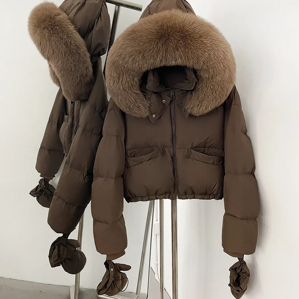 OFTBUY Neue Kapuzen-Daunenjacke, kurze Winterjacke mit echtem Fell, Pufferjacke mit abnehmbaren Handschuhen, Damen-Daunenjacke mit echtem Fuchsfell – Detail 22