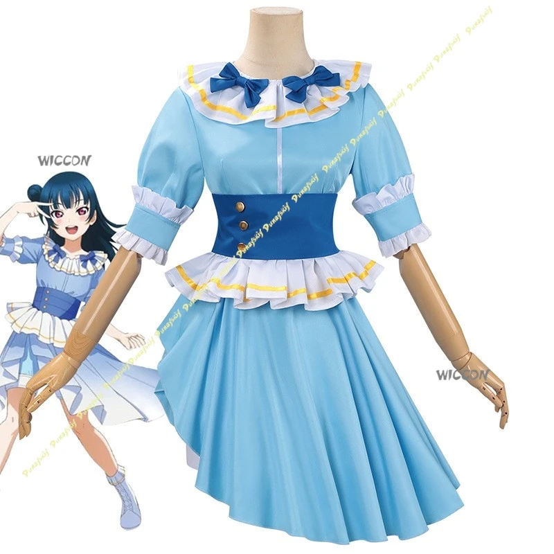 ¡Ama vive! Disfraces de Cosplay, vestido azul para niñas, bonito lazo, cinturón, guante, accesorio, pantalones cortos Aqours, adorno para piernas, Navidad y Halloween