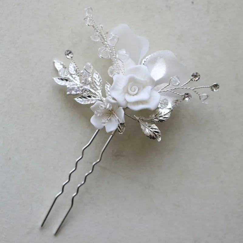 Charming Chiffon Flower Bridal Comb Hair Pin Silver Color Leaf Wedding Headpiece with Earrings Women Jewelry