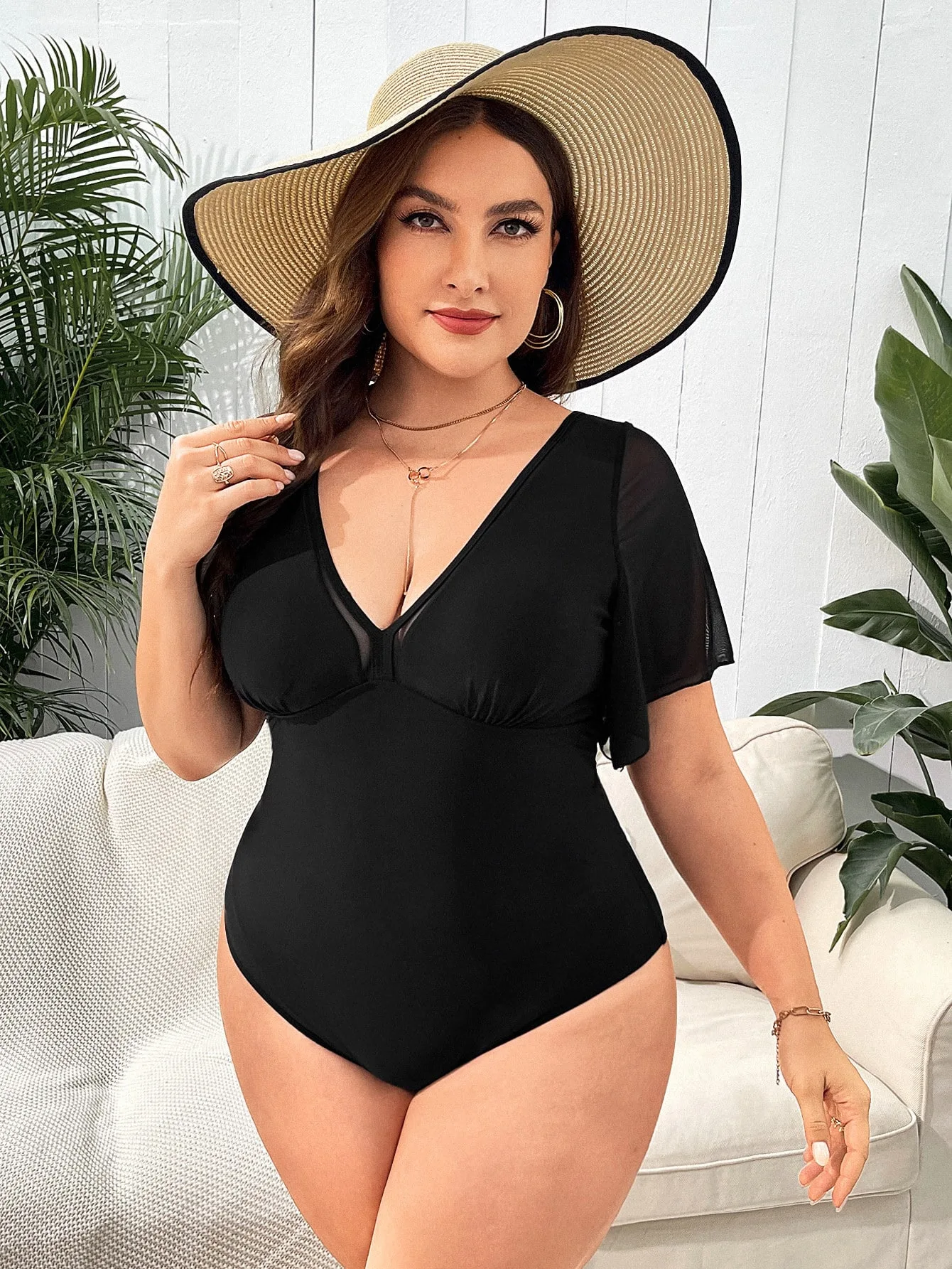 Plus Size Swimwear 2024 Women Swimsuit One Piece Monokini V-Neck Solid Sexy Tummy Control Bathing Suit