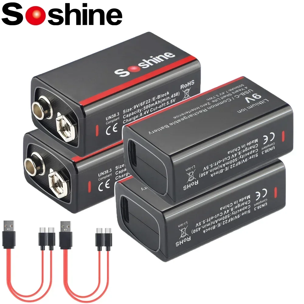 Soshine Original USB Lithium Battery 9V 500mAh Li-ion Rechargeable Batteries Low Self-discharge 4LED PowerDisplay for Multimeter