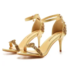 Women Pumps Sandals Wedding Rhinestone Buckle Strap PU 7CM Thin Heels Mature Dress Party Prom Women Shoes Golden Party Dance