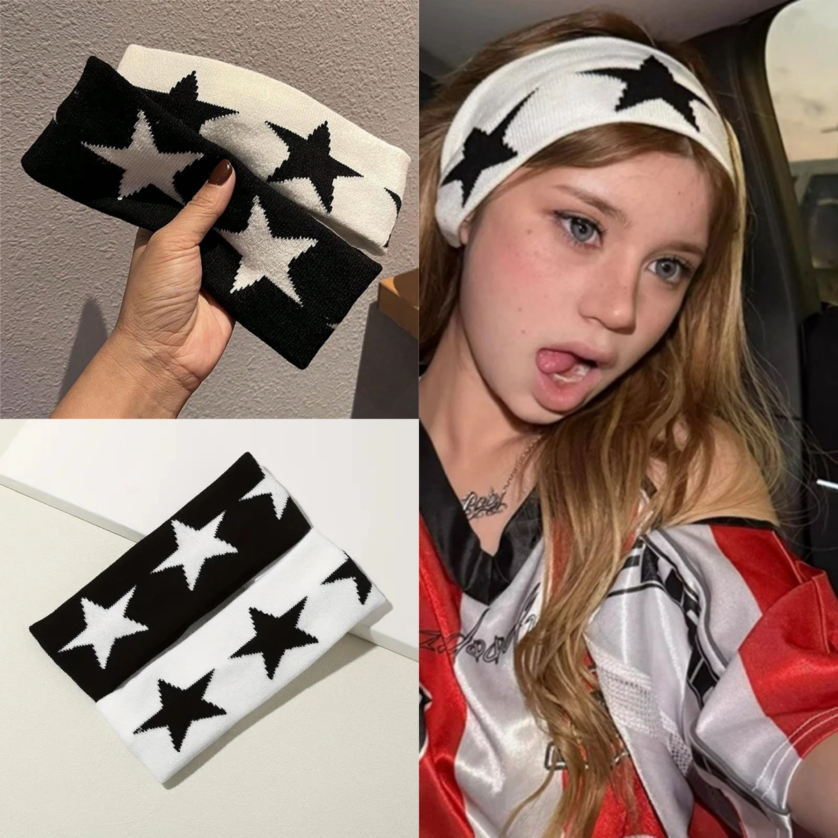 Street Style Personalized Star and Moon Headband Knitted Breathable Butterfly Embroidery  Head Scarf for Running Yoga and Sports