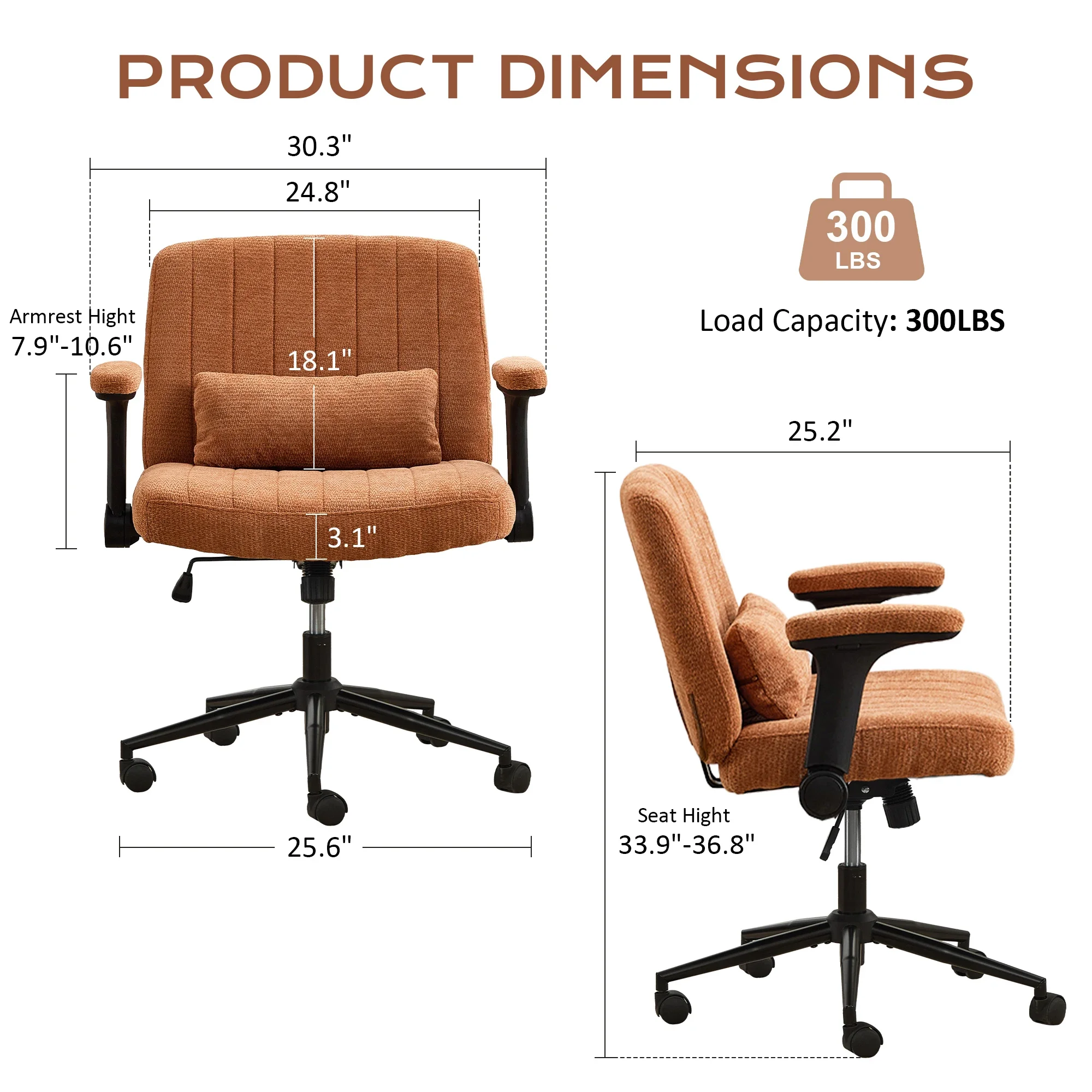 TCGBKAF Orange Criss Cross Chair Adjustable Flip-up Arms Vanity Chair with Wheels Comfy Chenille Desk Chair with Lumbar Pillow Swivel Wide Chair for Home&Office&Bedroom