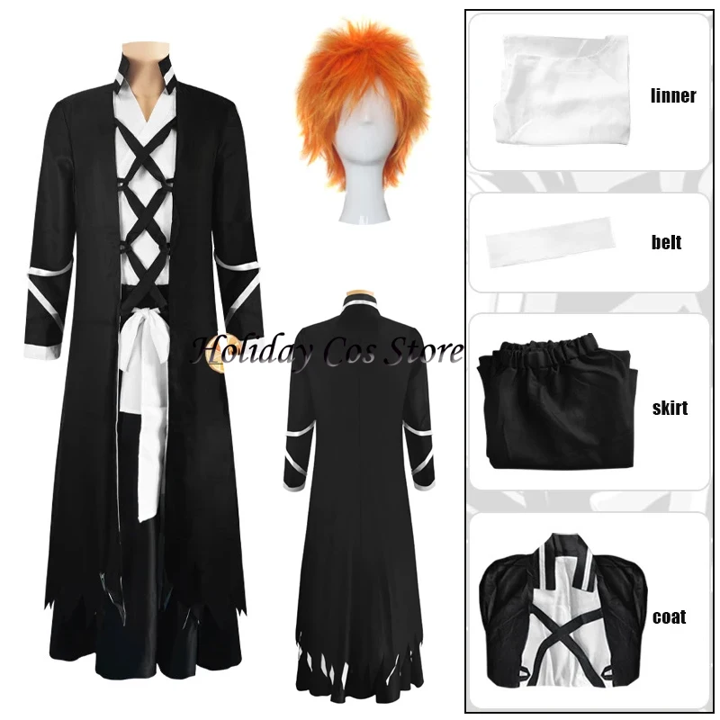 Thousand-Year Blood War Kurosaki Ichigo Anime Cosplay Costume Wig Black Shinigami Attire Outfit Japanese Samurai Uniform Party