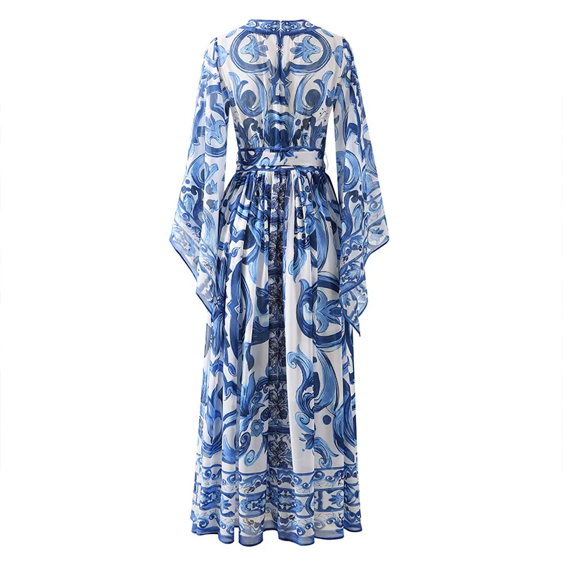 Red Blue And White Porcelain Print Holiday Dress Summer Vintage Bohemia Dress Women\'s Loose Lace Up Belt Long Robe Vestido