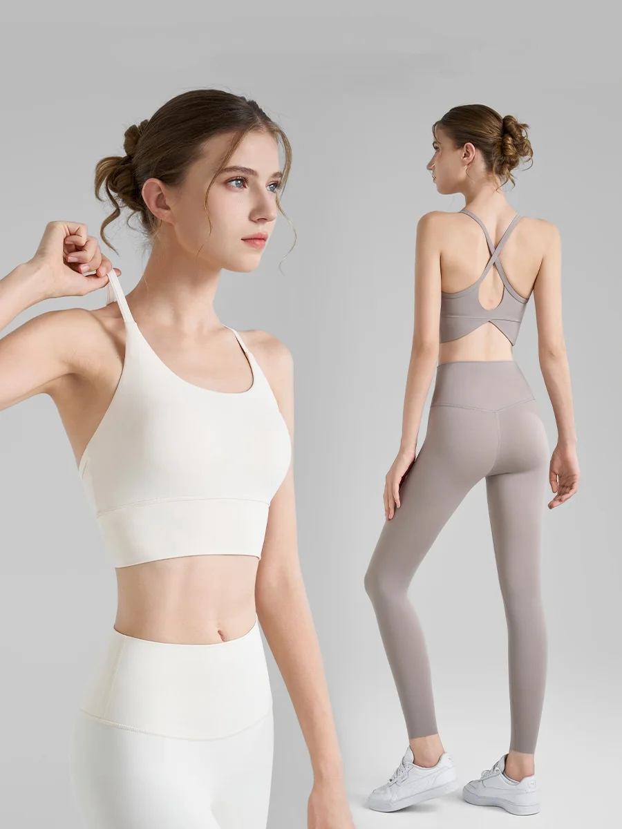 

Новинка лета, женские комплекты из 2 предметов для йоги телесного цвета, противоударный бюстгальтер с чашкой и высокой талией, длинные леггинсы, эластичные дышащие комплекты для фитнеса