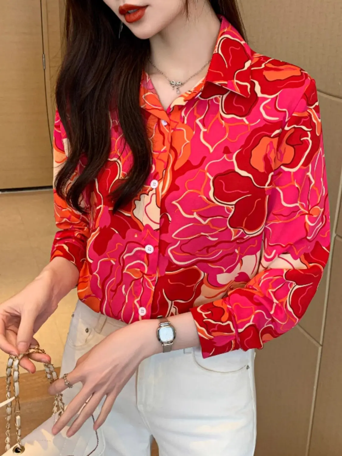 High End Red Printed Chiffon Shirt Women\'s Long Sleeved Retro Chic Outerwear Shirt Spring Autumn New Top