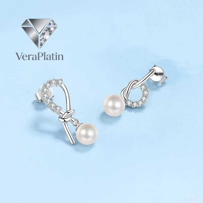 

VeraPlatin Girl Friend Valentine's Day 18K White Gold Women Wedding Earrings 0.21CT Moissanite Diamond 7mm Pearl PT950 Wife Birt
